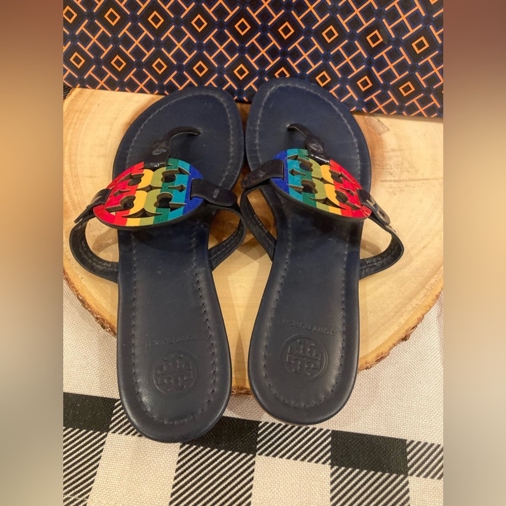 Tory Burch Miller Bright Rainbow Royal Navy Thong Sandals 8.5 Rt-298$ - Picture 4 of 8